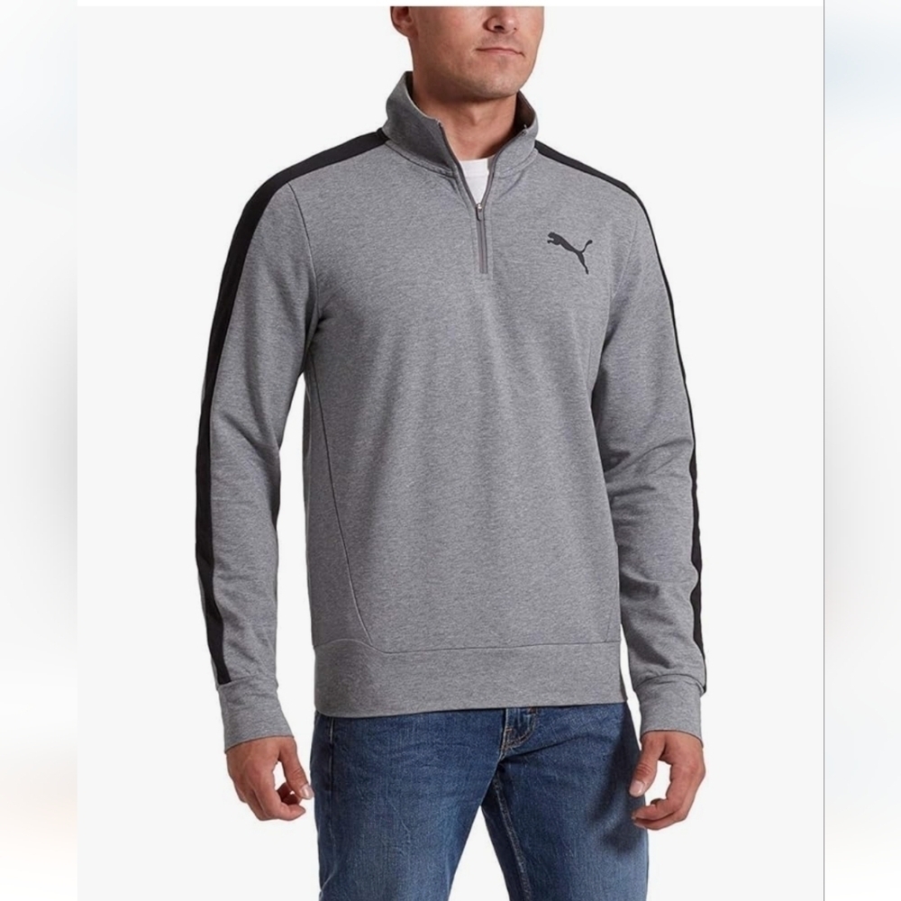 Puma 1/4 Zip Sweatshirt Grey Black Logo Stripe Long Sleeve Size XL
